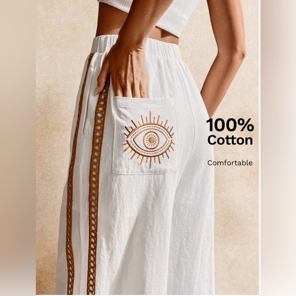 Embroidered Pocket Eye Pattern Cotton Wide Leg Pant - Picture 7 of 14